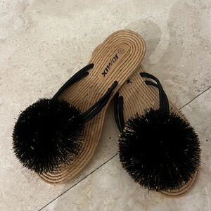Lemax Women's Tan and Black Pom-Pom Slippers